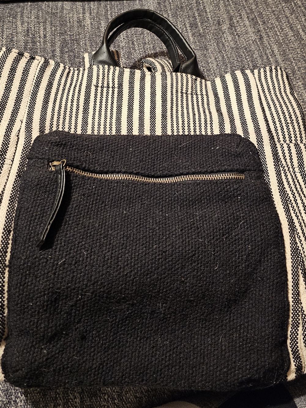 Universal Thread Black & Ivory Striped Tote with Black Front Zip Pocket